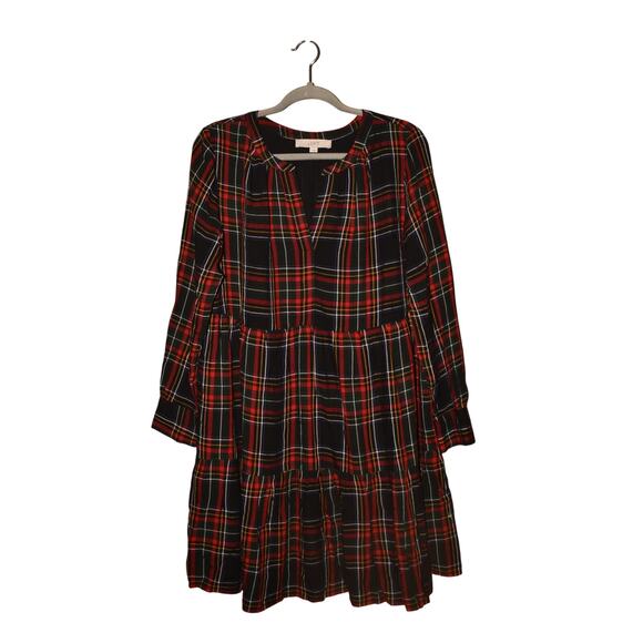 LOFT $109 Red Green Black Plaid Long Sleeve Tiered Shift‎ Dress Medium - Picture 1 of 4